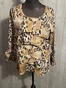 Milano Womens Size Large Brown Leopard Printed Ruffle Polyester Blouse - Picture 1 of 9