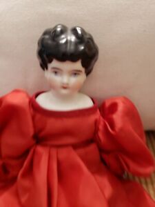 Antique German Porcelain China Head Doll w/ Old Red Dress And Body Dress Sewn On