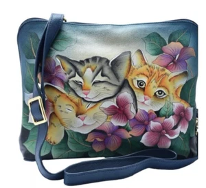 Anuschka Hand-Painted Leather Zip Around Crossbody Three Kittens Blue NWT! - Picture 1 of 8