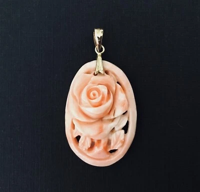 Gorgeous  Solid 14K Gold  Genuine Coral  Hand Carved Flower Cut Out  Pendant NEW - Image 1 of 4