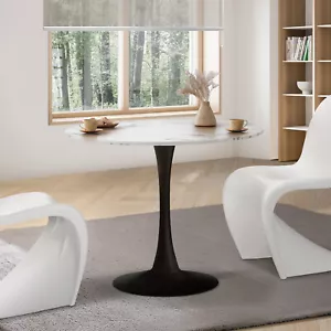 Oikiture 90cm Dining Table Kitchen Marble Tulip Round Metal Leg White&Black - Picture 1 of 10