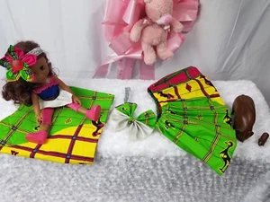 Newborn African Ankara Skirt Set With Bow A Lil HeadWrap For Mom 4Pc Waist 15" - Picture 1 of 12