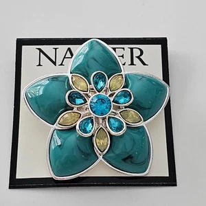 Napier Molded five petal flower Turquoise Acrylic & Rhinestone Pin Brooch Signed - Picture 1 of 5