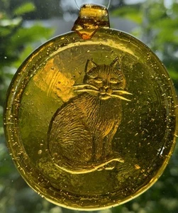 Handmade Yellow Sun Catcher Pressed Glass Raised Deatailed Cat Medallion Art - Picture 1 of 8