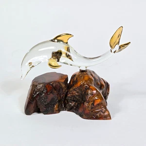 Glass Baron Dolphin Sculpture On Burl Wood Base with 22K Gold Gilt Trim - Bild 1 von 9