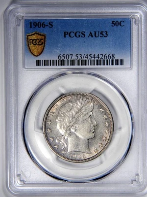 MEDIO DÓLAR BARBERO 1906-S ~ GRADUACIÓN PROFESIONAL AU53 ~ ¡PRECIO CORRECTO! Foto 1 de 4