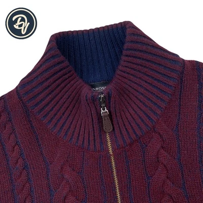 Suéter para Hombres M Kinross 100 % Cachemira Borgoña Tejido con Cable 1/4 Cremallera Foto 1 de 4