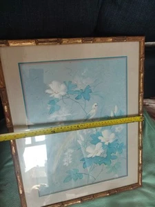 Asian bird and flower print, In A Gold Bamboo Style Frame Vintage - Picture 1 of 8