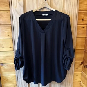 Youtalia Women's 3/4Sleeve Roll Tab Flowy Chiffon Black Blouse Size XL - Picture 1 of 7