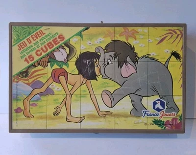 Ancien 15 Cubes En Bois Jeu d'éveil Disney France Jouets Complet Boîte Plastique - Photo 1/4