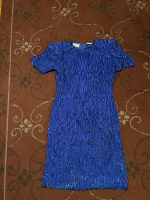 复古 STENAY 真丝串珠连衣裙亮片晚会鸡尾酒蓝色 6 码 — 第 1/4 张图片