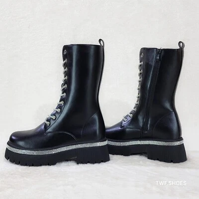 Combat Sparkle Mid Calf Rhinstone Platform & Laces Biker Glam Boots Black Vegan - Image 1 of 4