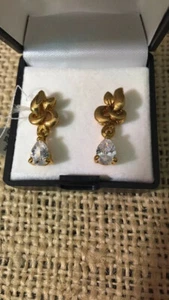 Vintage KAS CZ Pear Dangle Pierced Gold Earrings GEC201 Pre-Owned NEVER WORN.. - Picture 1 of 7