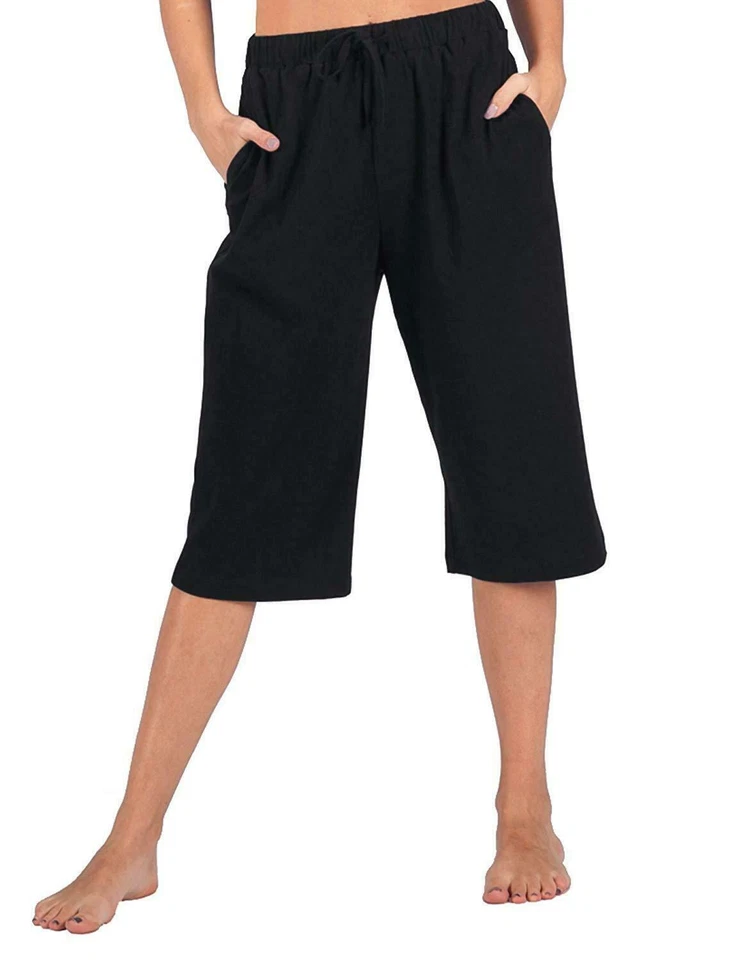 LADIES 3/4 TROUSERS WOMENS THREE QUARTER ELASTICATED WAIST CAPRI CROPPED PANTS