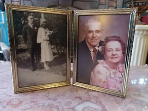 VINTAGE GOLD METAL DOUBLE PICTURE PHOTO HINGED FRAME 5" X 7"  - Picture 1 of 11