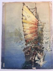 Pintura Acuarela Velero Asiático Océano Escena Agua Gaviota Náutica - Imagen 1 de 12
