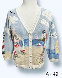 Vtg Design Options Sweater Blue Womans Beachcomber Lighthouse Ocean Cottage Sz L - Picture 1 of 11