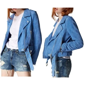 BLANKNYC Giacca Moto Pelle Scamosciata Donna Grande Blu Crop Biker Steampunk Rock - Foto 1 di 22