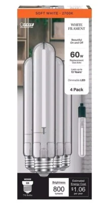 Feit Electric - LED Light Bulb Dimmable -60W- T10 Bulbs E26- 2700K -White Filame - Image 1 of 4