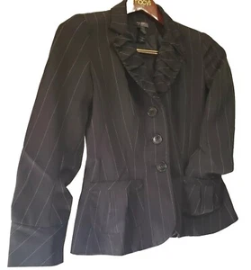 BISOU BISOU Blazer Jacket Sz 6P Black Pinstripe Romantic Acedemia Ruffle Accent - Picture 1 of 11