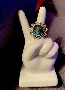 Labradorite Flower Sterling Silver Ring, Sz 9,  Beautiful Faceted Stone, EUC - Picture 1 of 8