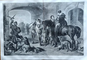 Caccia Caccia col Falcone Cavalli Cani Stampa antica 1859 - Foto 1 di 4