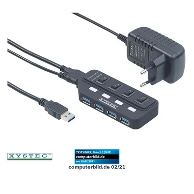 Xystec Aktiver USB-3.0-Hub mit 4 Ports, einzeln schaltbar, 2-A-Netzteil - Bild 1 von 4