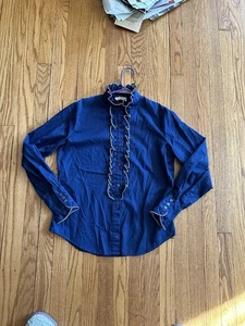 Bobbie Brooks Vintage 70er Damen Bluse Rüschen blau weißer Besatz, Puffärmel Gr. M - Bild 1 von 14