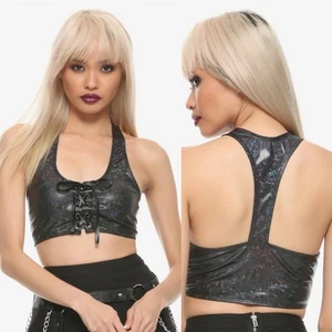 Hot Topic Black Romantic Goth Holographic Lace-Up Bralette racer back crop top L - Picture 1 of 11