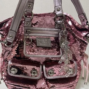 COACH 13821 Poppy Sequin Spotlight Pink 2Way Shoulder Bag Tote Bag W/Strap Used - Picture 1 of 20