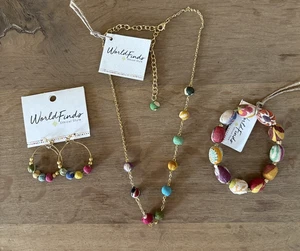 Juego de pendientes pulsera collar World Finds hechos de textiles reutilizados nuevo con etiquetas - Imagen 1 de 8