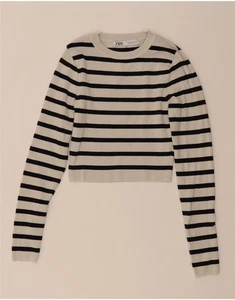 ZARA Womens Crop Crew Neck Jumper Sweater UK 8 Small White Striped Viscose BY06 - Picture 1 of 3