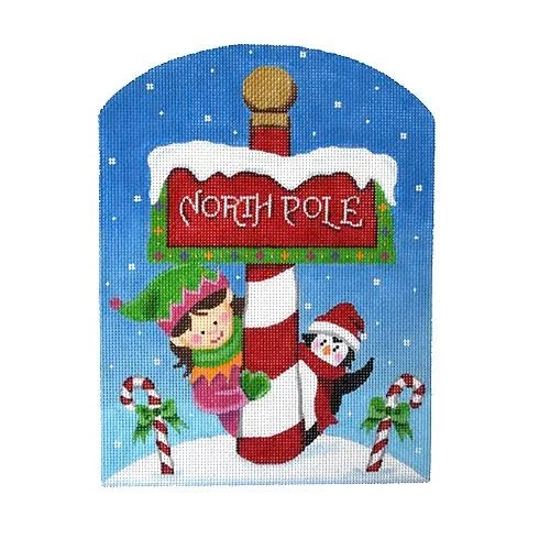 Cutest North Elf & Penguin North Pole Sign Needlepoint by Pepperberry Designs - Image 1 of 1