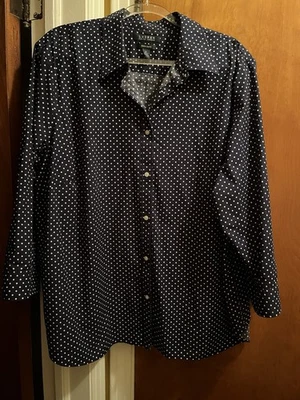 Clásico Ralph Lauren Azul Marino Lunares Manga 3/4 Con Puños Divididos - Sin Plancha - Talla 3X Foto 1 de 4