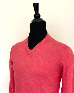 Men's HUGO BOSS Sweater V neck Pullover Pink Red Wool Regular Fit XL size Jumper - Picture 1 of 7