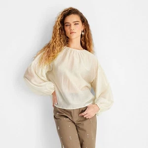 Women's Sheer Balloon Long Sleeve Blouse - Future Collective Cream S - Picture 1 of 3