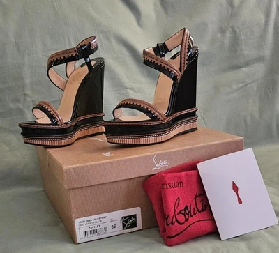 Tacones de cuña de diseñador de cuero marrón negro Christian Louboutin para mujer talla 6 EE. UU. Foto 1 de 4