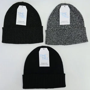 Set 3 Cappelli Time And Tru Beanie Invernali Grigio, Oliva, Nero Maglia a Coste Polsini Lotto - Foto 1 di 6