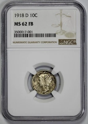 1918-D Mercury 10c Silver Dime MS 62 FB Full Bands - Image 1 of 4