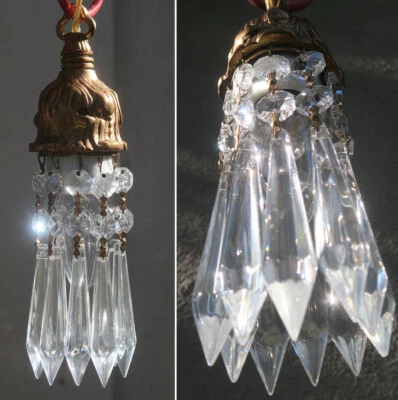 Small Vintage Deco Brass bronze Swag lamp Chandelier crystal prism 9' cord - Image 1 of 4