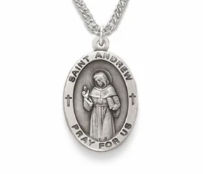 STERLING SILVER OVAL ST ANDREW PATRON SAINT OF FISHERMAN NECKLACE & CHAIN - Picture 1 of 1