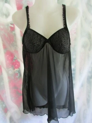 Camisón Babydoll Gilligan & O'malley Negro Transparente con Tazas Estampado Animal Talla M Foto 1 de 4
