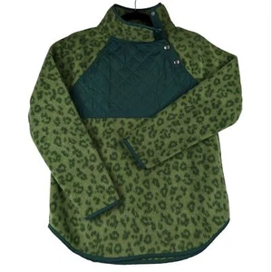 J Crew Quilted Sherpa Fleece Women XXS Snap Button Animal Print Green Pullover - Picture 1 of 11