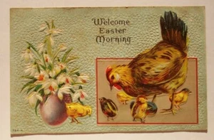 1900er Jahre Osterhenne 5 Küken Blumen in Eiervase geprägte Postkarte - Bild 1 von 1