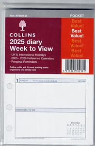 2025 Collins Pocket sIze refill diary Week to View 3700-fits most Filofax, size - Picture 1 of 2