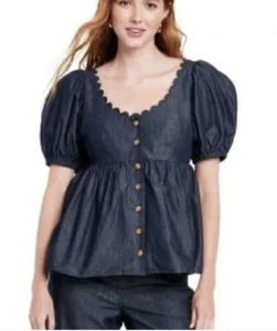 Kika Vargas Denim Short puff sleeve blouse 1X,2X - Picture 1 of 5