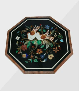 18" black Marble center Table Top bird Pietra Dura malachite antique inlay k1 - Picture 1 of 4
