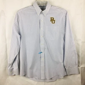 Cutter & Buck BU Mens Medium Dress Shirt Logo White Blue Striped Button Down EUC - Picture 1 of 4
