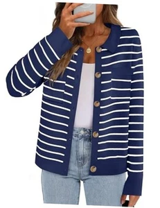 Women's 2024 Fall Knit Striped Long Sleeve Sweater Open Front Medium Navy - Picture 1 of 7