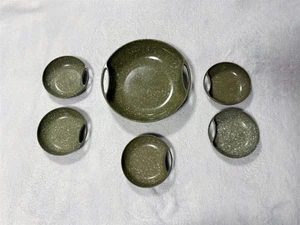 VINTAGE AZTEC MELMAC SALAD SERVING 12" BOWL & 5 SALAD BOWLS GREEN SPLATTER SET - Picture 1 of 12